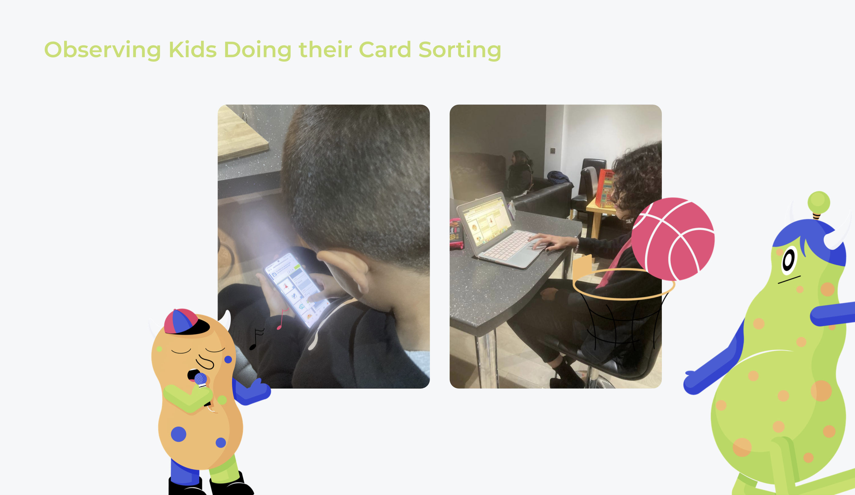 Observing kids doing their card sorting: two children photographed during the card sorting exercise, one on a tablet and one on a laptop